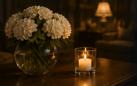 A bouquet of white hydrangeas in a glass vase next to a lit candle on a wooden coffee table, creating a calm and peaceful atmosphere for home recovery.